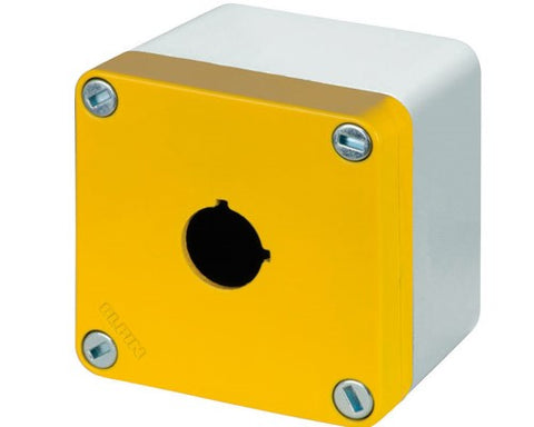 Elfin Push-button enclosure, yellow, 1 hole Ø 22, 85x85x65