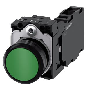Siemens Pushbutton, round, plastic, flat, green, 1NO + 1NC, 22mm