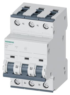 Siemens Miniature circuit breaker, C, 3-pole, 400V, 10kA, 2A, 70mm