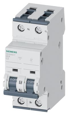 Siemens Miniature circuit breaker, C, 2-pole, 400V, 6kA, 2A, Ø70mm