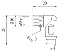 Murr M8 female 90°, A-code with cable, 3-pole, 10m