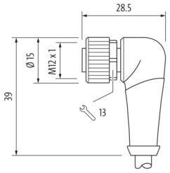 Murr M12, male 0° / female 90°, A-code, 4-pole, yellow, 10m