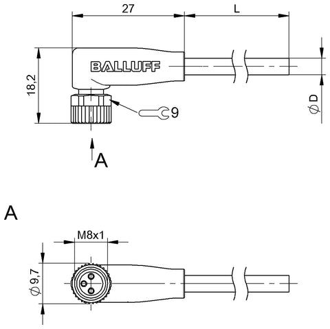 Balluff Cordset, M8 Female 90deg A-code, 3-pin, 5m