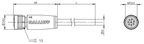 Balluff Cordset, M12, Female, 0deg, A-code, 8-pin, 10m