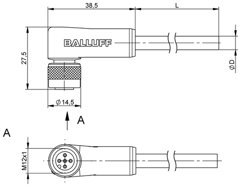 Balluff Cordset, Female, M12  90deg A-code, 5-pin, 10m