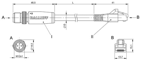 Balluff Cordset, M12, Male 0deg D-code 4-pin / RJ45 male 0deg 4-pin, 2m