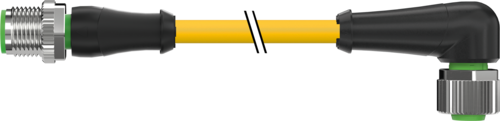Murr M12, male 0° / female 90°, A-code, 4-pole, yellow, 10m