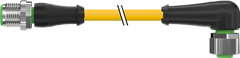 Murr M12, male 0° / female 90°, A-code, 4-pole, yellow, 10m