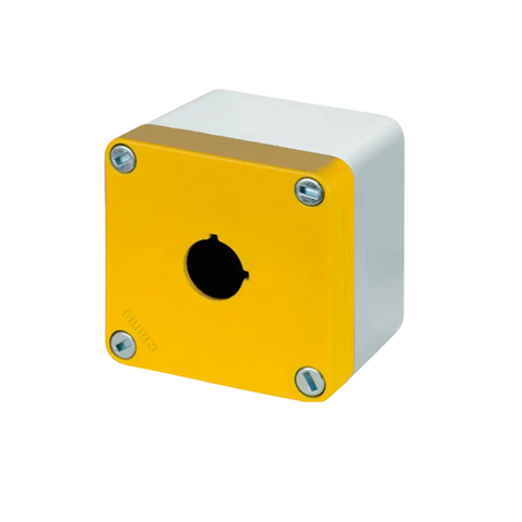 Elfin Push-button enclosure, 1 hole Ø 22, yellow, 85x85x65 - Rubicon Partner Portal